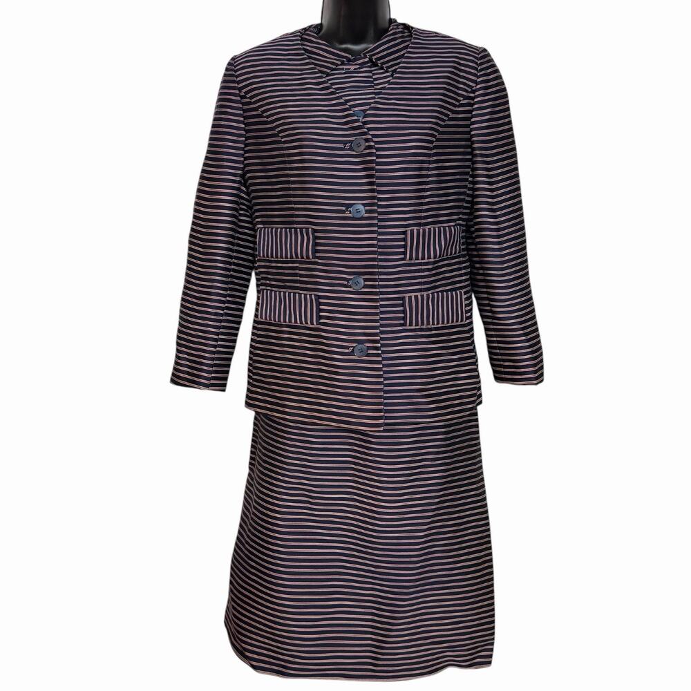 VINTAGE 1960s ERNST STRAUSS 3 PIECE SKIRT SUIT SET W BLAZER & VEST NAVY RED M L